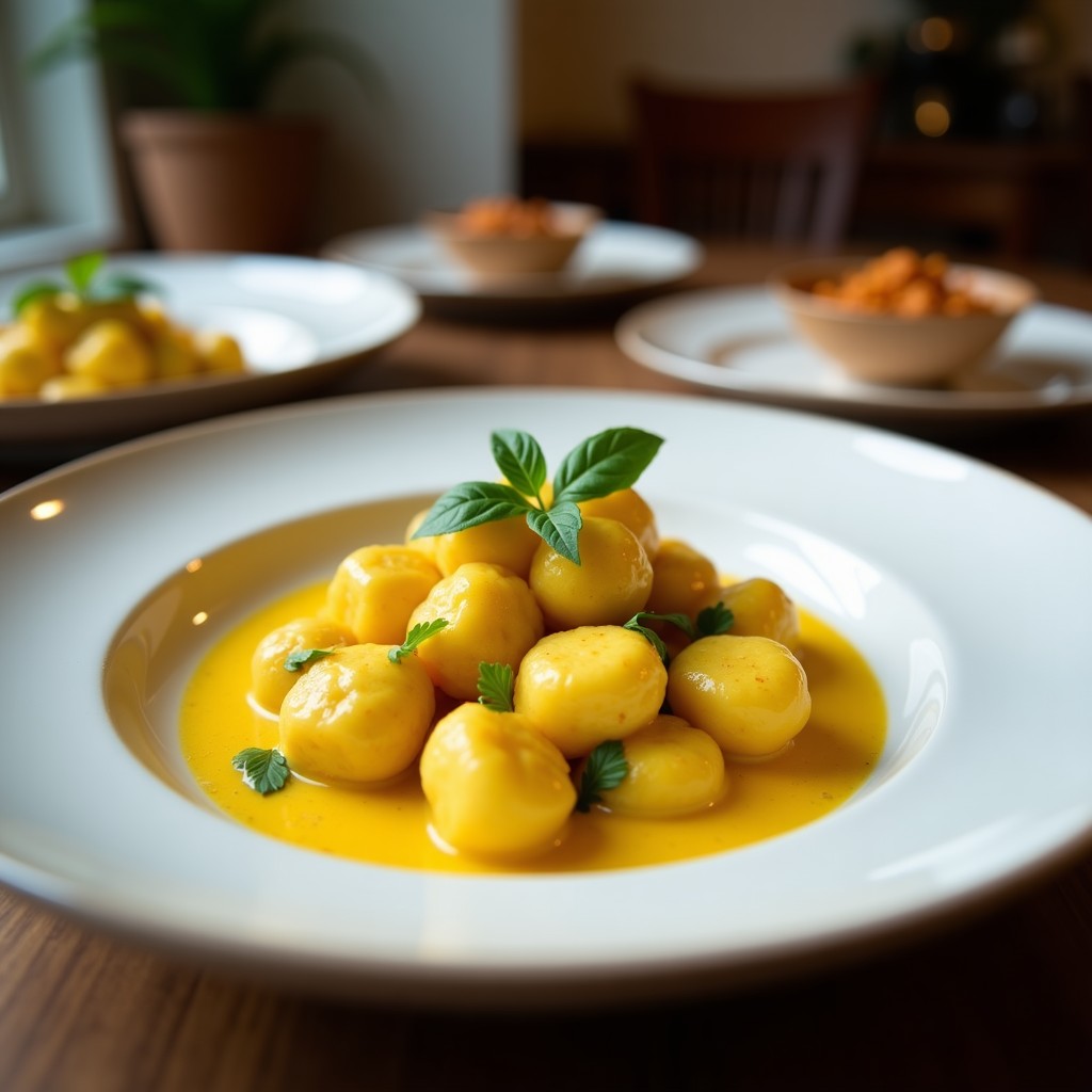 Plato blanco con gnocchis de coliflor dorados bañados en una salsa cremosa de cúrcuma y leche de coco, decorados con cilantro fresco y zest de limón, sobre fondo rústico de madera.