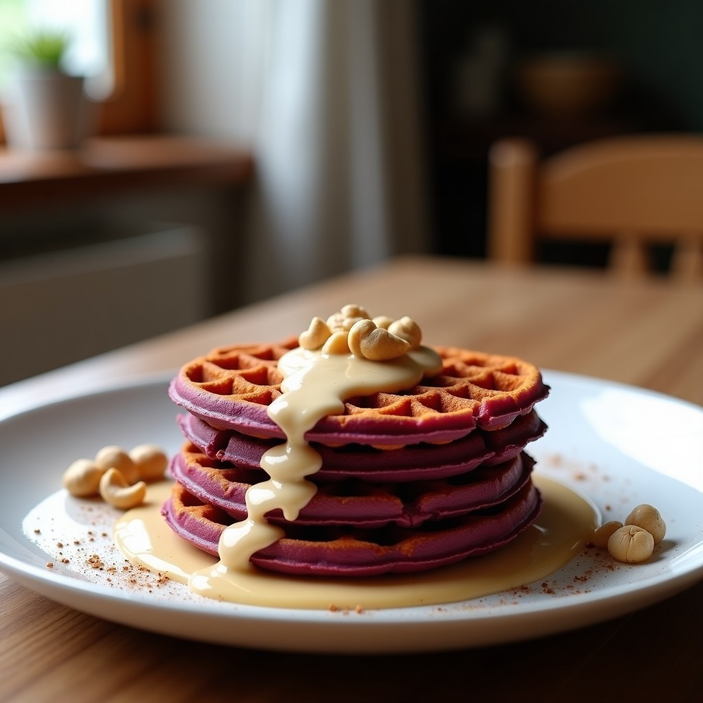 Gofres dorados y esponjosos de batata morada keto sin harina, servidos en un plato blanco con crema de anacardos espesa y un toque de zeste de limón. Color vibrante morado oscuro en los gofres, contrastando con el beige cremoso de la salsa.