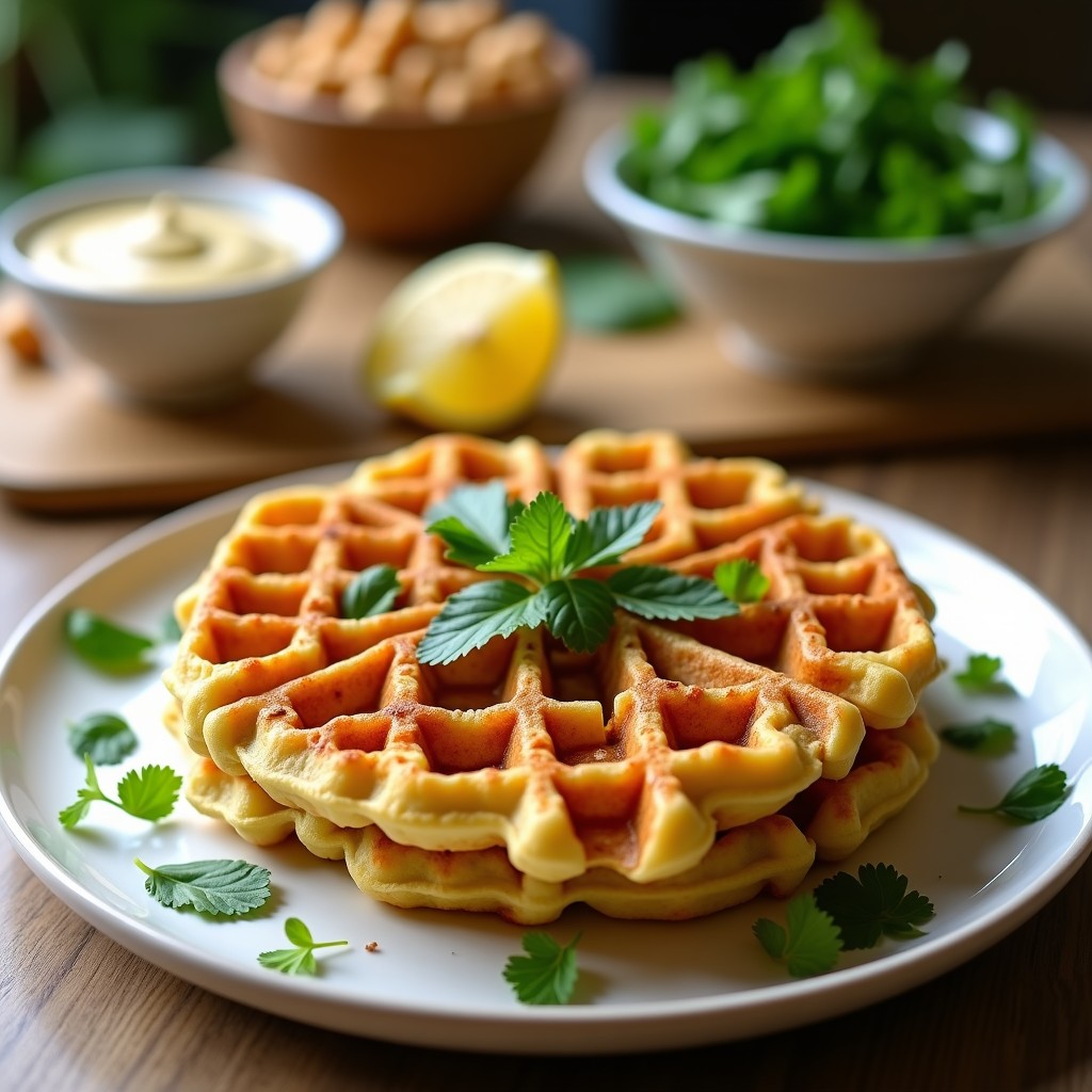 Gofres dorados y crujientes de garbanzo con espinacas, horneados en airfryer, con semillas de sésamo por encima. Presentados en un plato blanco con hierbas frescas y un dip cremoso al lado. Receta salada, sin gluten y alta en proteína.
