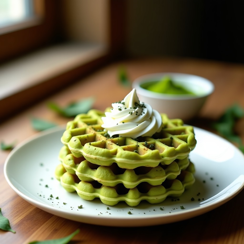 Gofres dorados y esponjosos de harina de arroz y matcha servidos en un plato de cerámica blanca, con un toque de crema de coco y semillas de chía, sobre una mesa de madera con hojas de té verde al fondo.