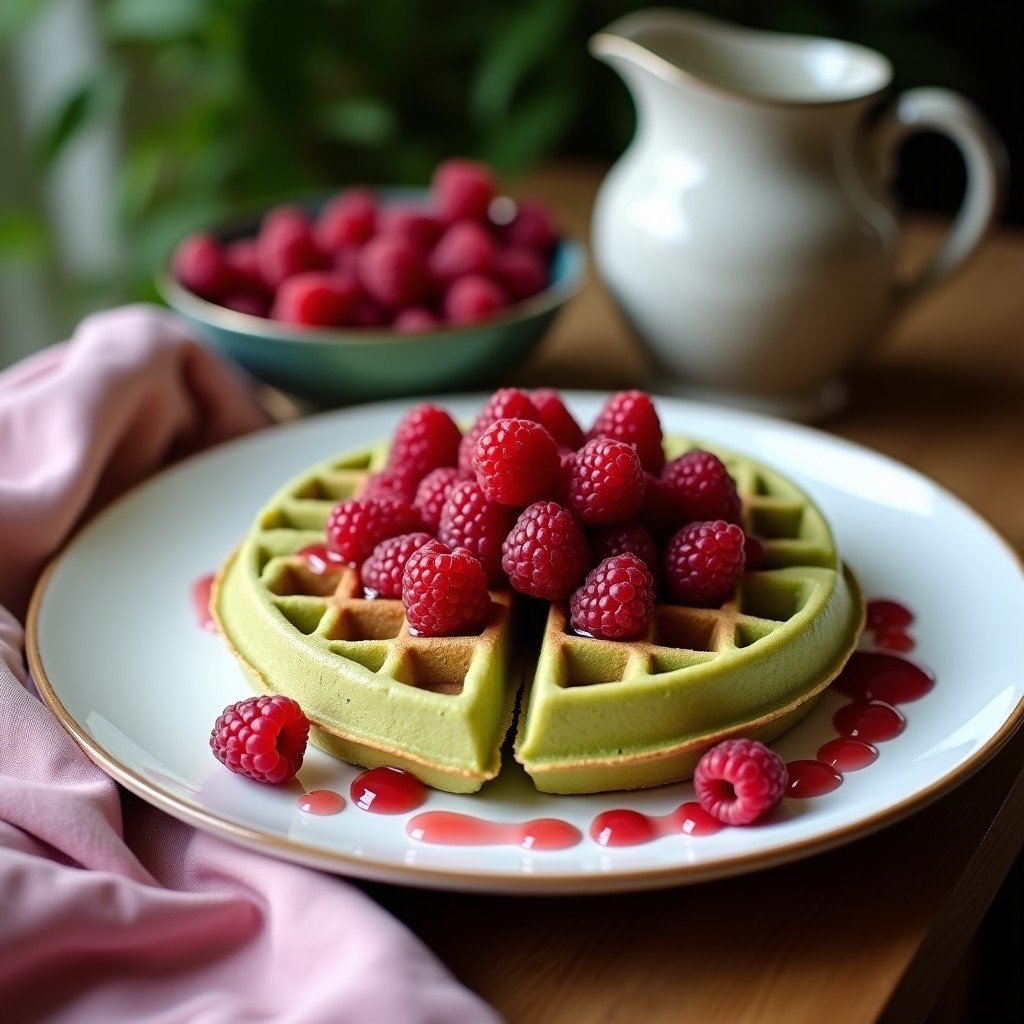Gofres dorados y esponjosos de harina de coco y matcha, apilados en un plato blanco con compota de frambuesas keto brillante y semillas de chía. Decorados con frambuesas frescas y un hilo de leche de coco, sobre fondo de madera rústica.