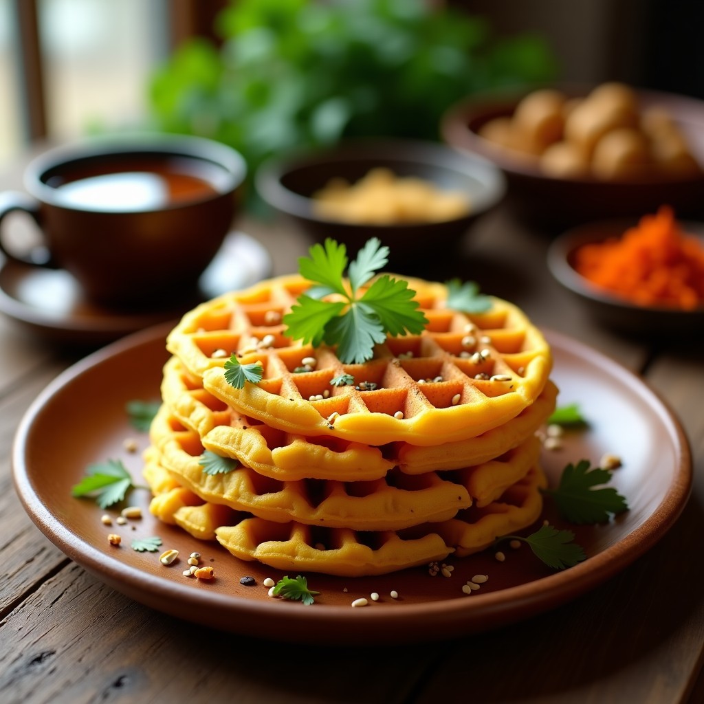 Gofres dorados y crujientes de harina de garbanzo con vetas amarillas de azafrán, decorados con semillas de sésamo tostadas y cilantro fresco. Plato de desayuno indio sin gluten con toques de cardamomo, servido sobre un mantel rústico con una taza de té chai al fondo.