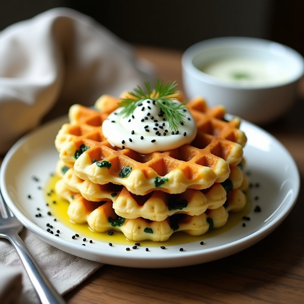 Gofres dorados y esponjosos de harina de garbanzo con trozos verdes de espinacas, servidos en plato blanco con salsa cremosa de yogur griego y semillas de sésamo. Receta de desayuno saludable en Thermomix.
