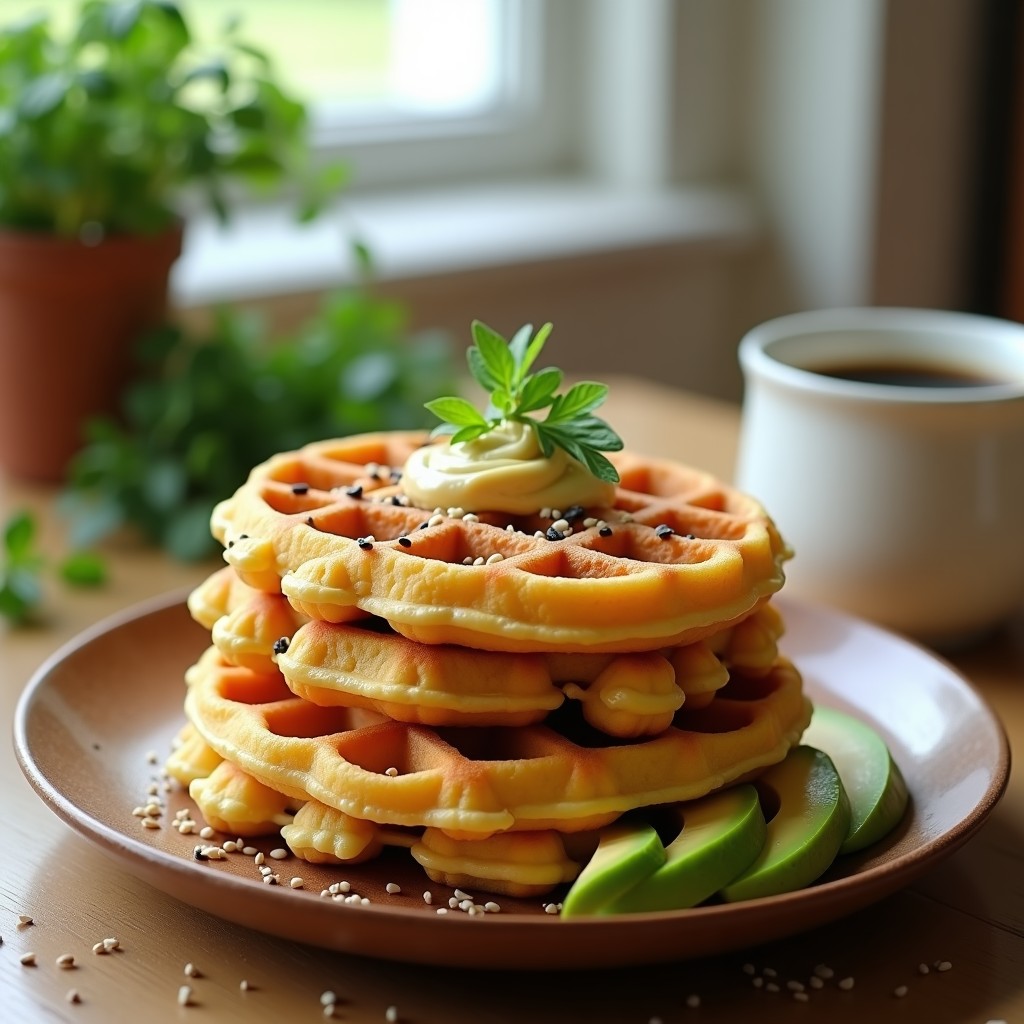 Gofres dorados y crujientes de harina de garbanzo con hierbas provenzales, espolvoreados con semillas de sésamo tostadas, servidos en un plato de madera rústica con aguacate y hummus al lado. Desayuno keto sin harina.