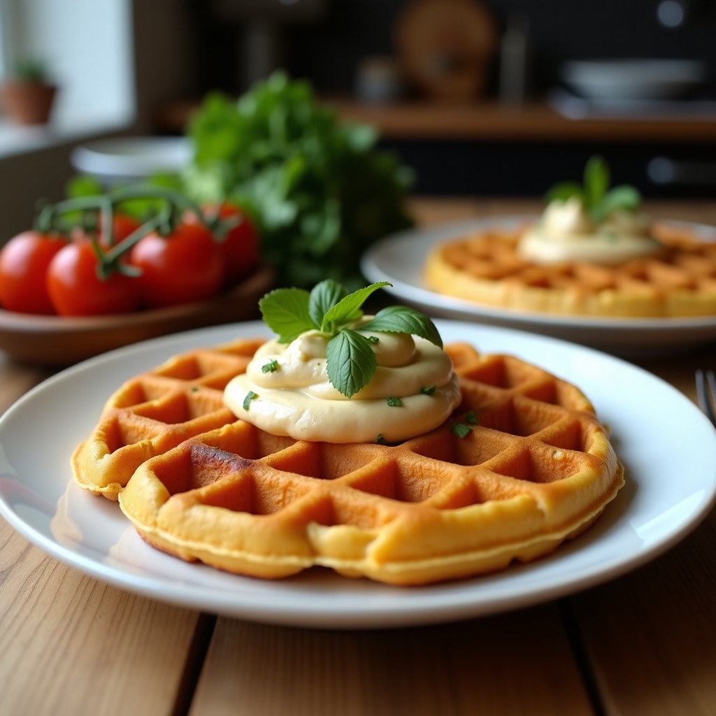 Plato blanco con gofres dorados y esponjosos de harina de garbanzo, cubiertos con hummus cremoso, rodajas de aceitunas kalamata y semillas de sésamo tostadas. Desayuno mediterráneo sin gluten con toques de pimienta de Alepo y cilantro fresco.