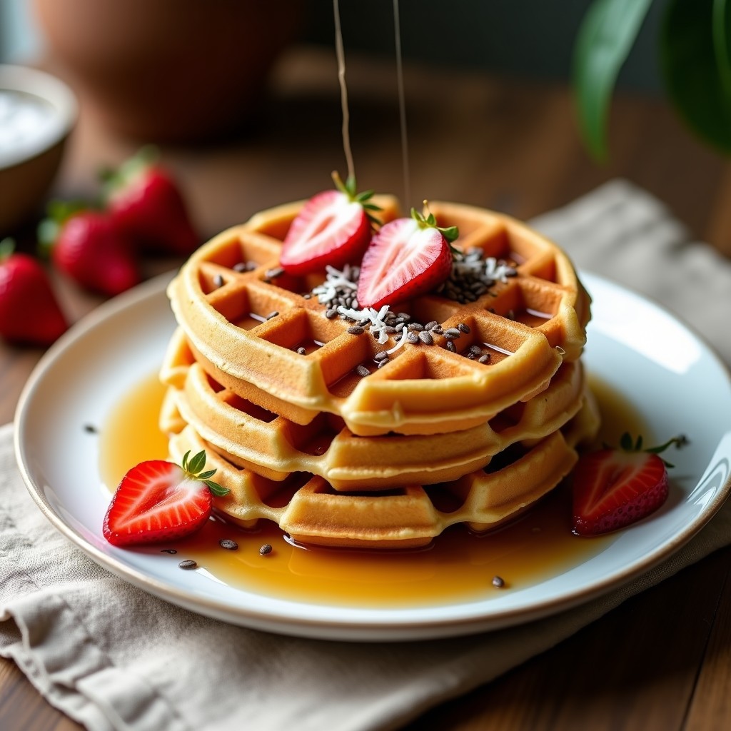 Plato blanco con gofres dorados y esponjosos de harina de garbanzo, bañados en sirop de dátiles brillante y espolvoreados con semillas de chía y coco rallado. Fondos de gofres crujientes y fruta fresca al lado, desayuno sin gluten y sin azúcar.