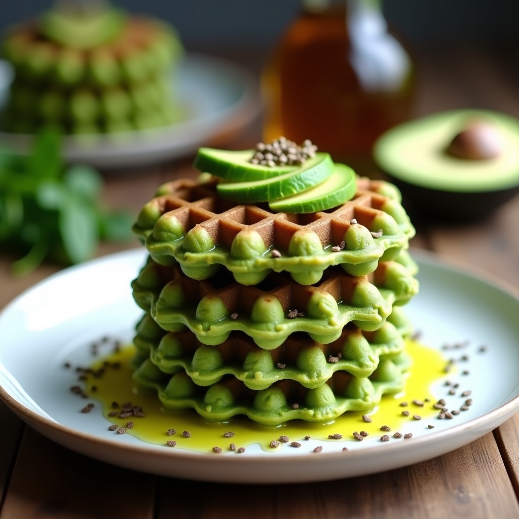 Gofres dorados y esponjosos de harina de guisante con espinacas, apilados en un plato blanco con topping de aguacate y semillas de chía, receta keto en Thermomix.