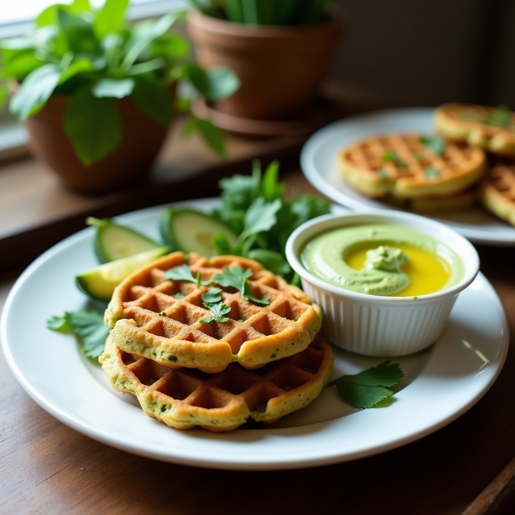 Plato blanco rústico con dos gofres dorados de harina de lentejas y espinacas, apilados y bañados en un dip cremoso de aguacate verde. Decorados con hojas de espinaca fresca y semillas de sésamo, sobre fondo de madera clara. Desayuno keto sin harina y alto en proteína.