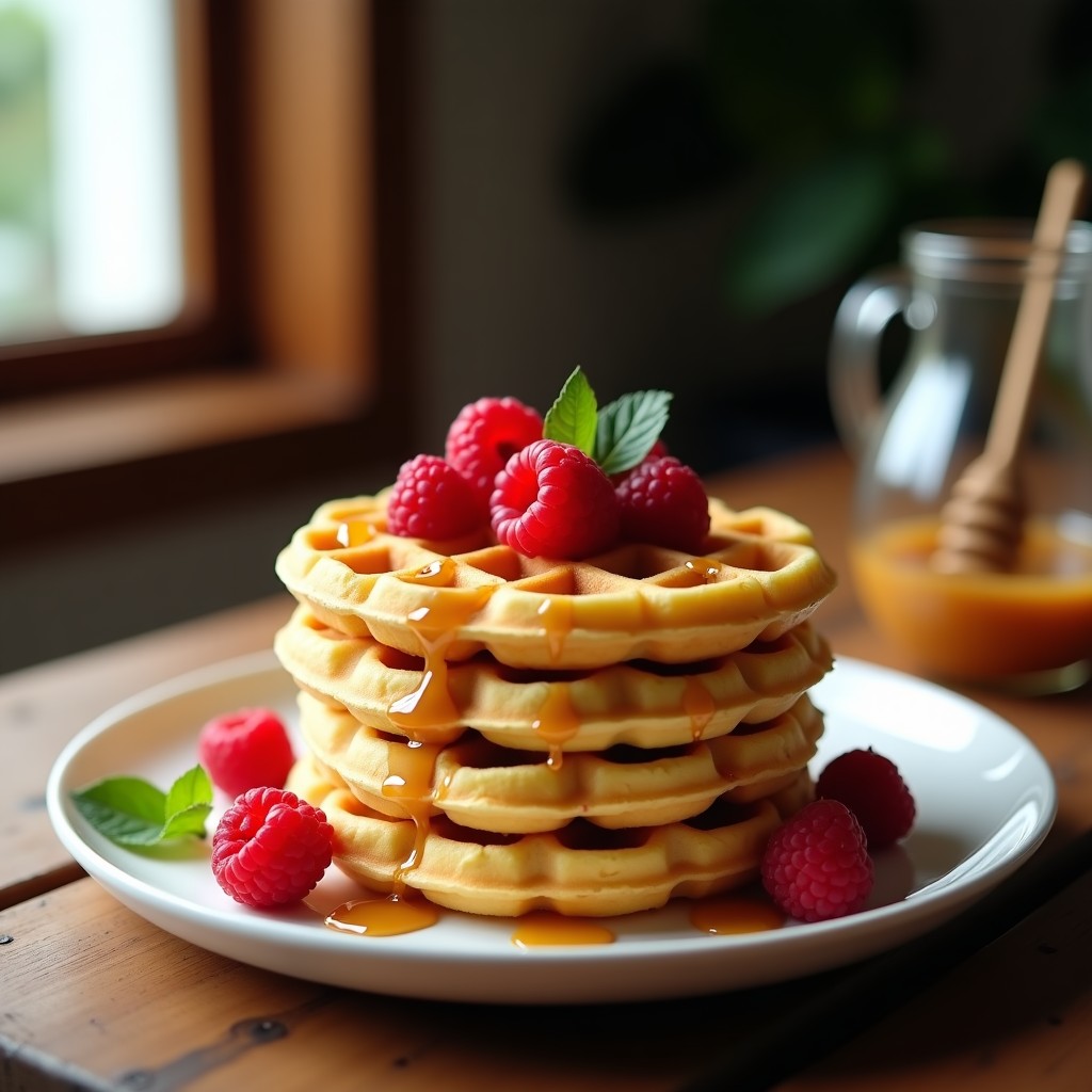 Gofres dorados y esponjosos sin harina, apilados con toppings de frutos rojos, crema de cacahuete y un hilo de miel, sobre un plato blanco con fondo rústico de madera.