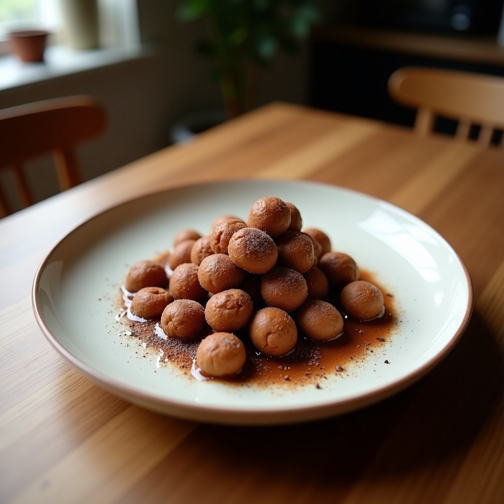 Gofres dorados y esponjosos de cacao y avena apilados en un plato blanco, con un chorrito de sirope sin azúcar y frutos rojos frescos alrededor. Receta de gofres proteínados sin harina.