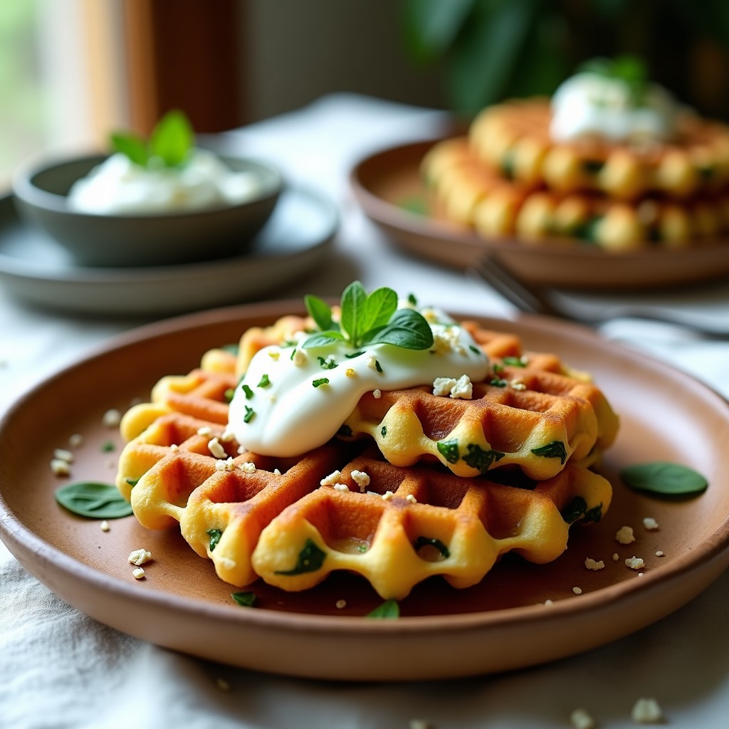 Gofres salados dorados y crujientes con trozos verdes de espinaca y queso feta desmenuzado, servidos en un plato de madera con semillas de sésamo y acompañados de yogur griego con hierbas, receta en airfryer.