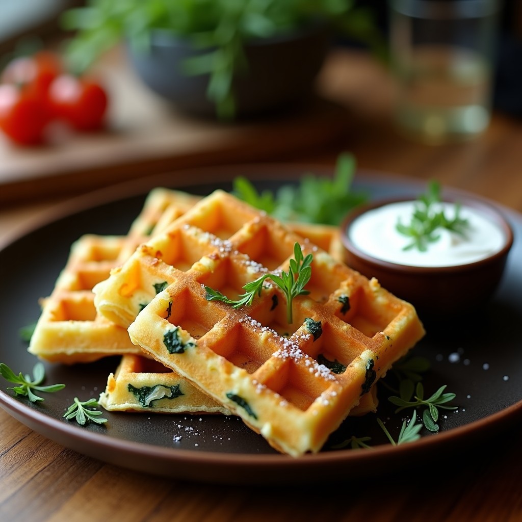Gofres salados dorados y crujientes con trozos de espinacas verdes y queso de cabra fundido, servidos en un plato de madera oscuro con un dip de yogur al lado.