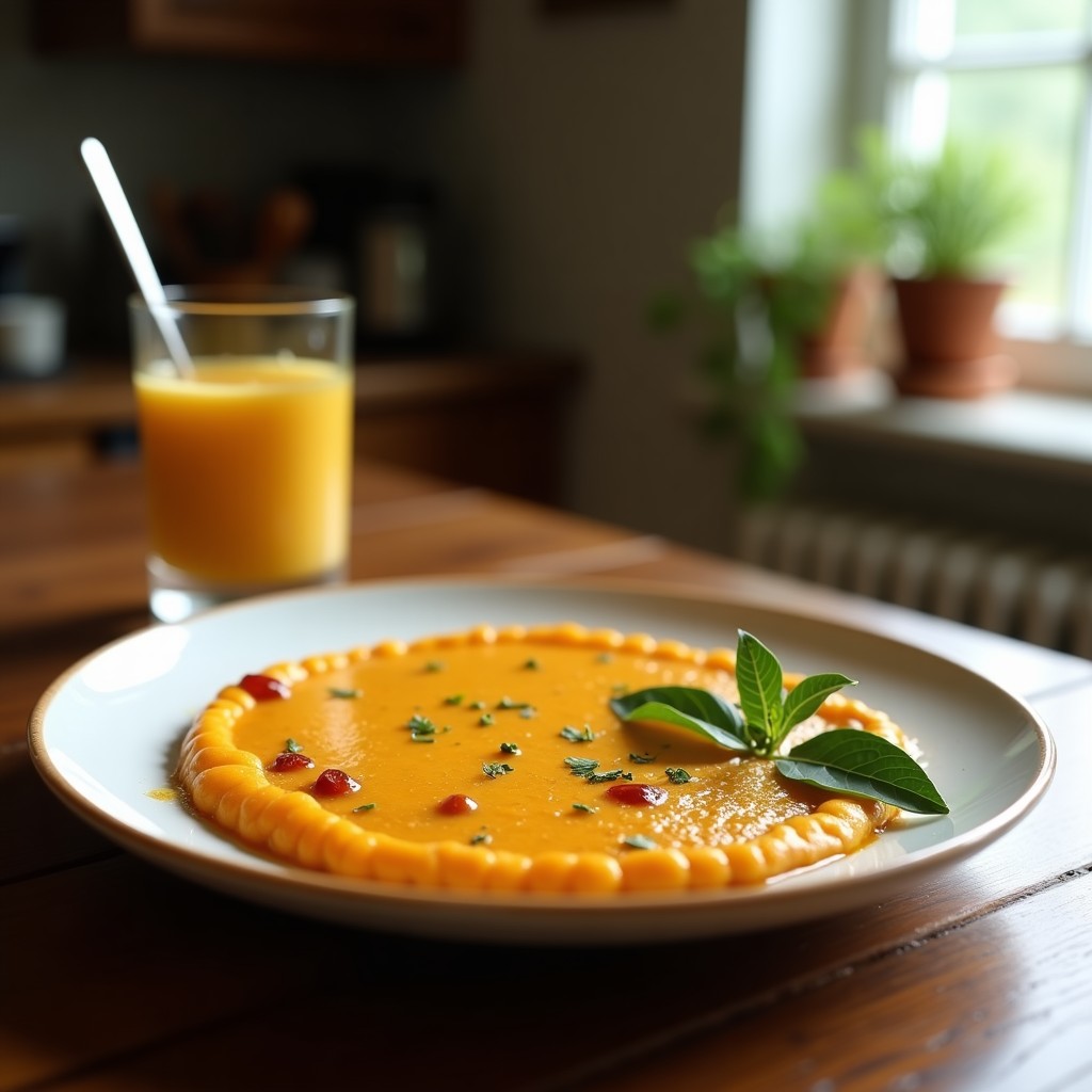 Taza de cerámica blanca humeante con golden milk vegano de color dorado intenso, decorada con un espolvoreado de cúrcuma en polvo y una rama de canela, sobre una mesa de madera rústica con ingredientes como cúrcuma fresca, pimienta rosa y cardamomo al fondo.