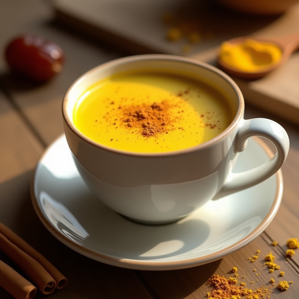 Taza de cerámica blanca con Golden Milk con maca y canela, espolvoreada con canela en polvo, sobre una mesa de madera rústica con una cuchara de madera y ingredientes al fondo: cúrcuma, maca y dátiles.