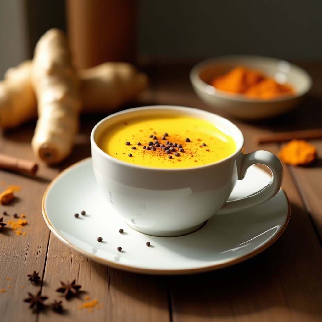 Vaso de cristal humeante con bebida golden milk dorada, espolvoreada con cúrcuma y pimienta negra, servida en bandeja de madera con cucharita de miel y ramita de canela.