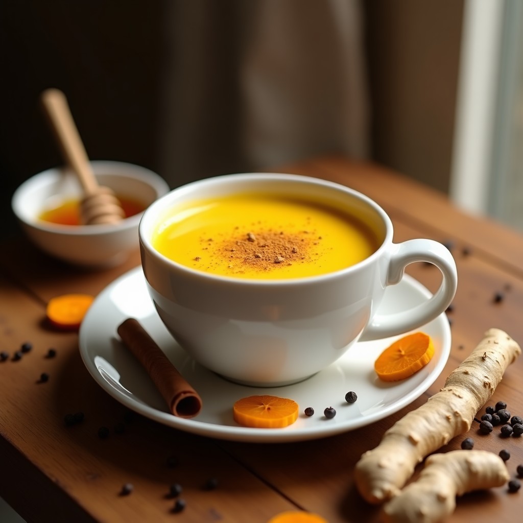 Taza de cerámica blanca con Golden Milk humeante, de color dorado intenso, decorada con una pizca de nuez moscada y una ramita de canela al lado. Fondo rústico con especias esparcidas: cúrcuma en polvo, pimienta negra y trozos de jengibre fresco. Receta de latte indio antiinflamatorio con miel de Manuka.