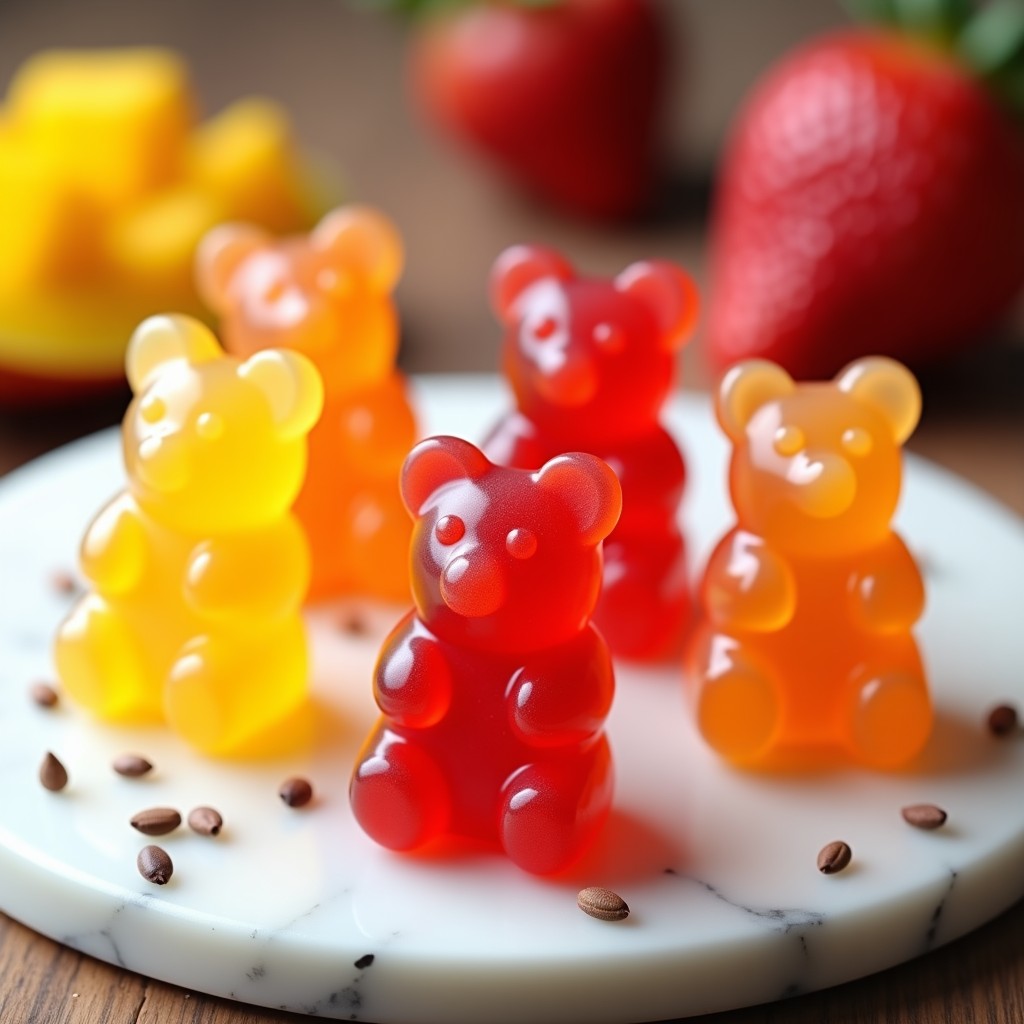 Gominolas caseras de chía y frutas en moldes de silicona con forma de osos, brillantes y de colores vibrantes, sin azúcar, sobre fondo blanco.