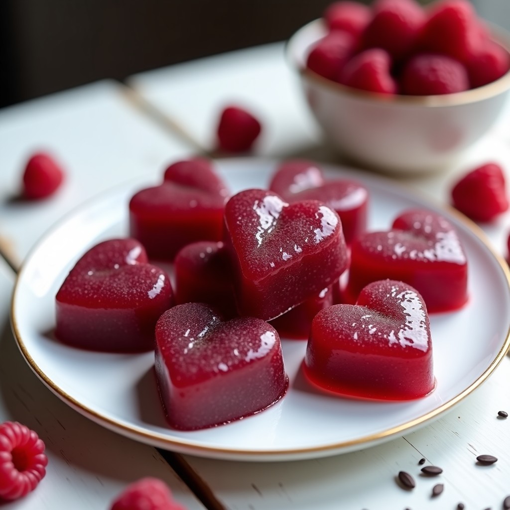Gominolas caseras de chía y frutos rojos en moldes de corazón, con textura brillantina y color rojo intenso, sobre fondo blanco rústico.