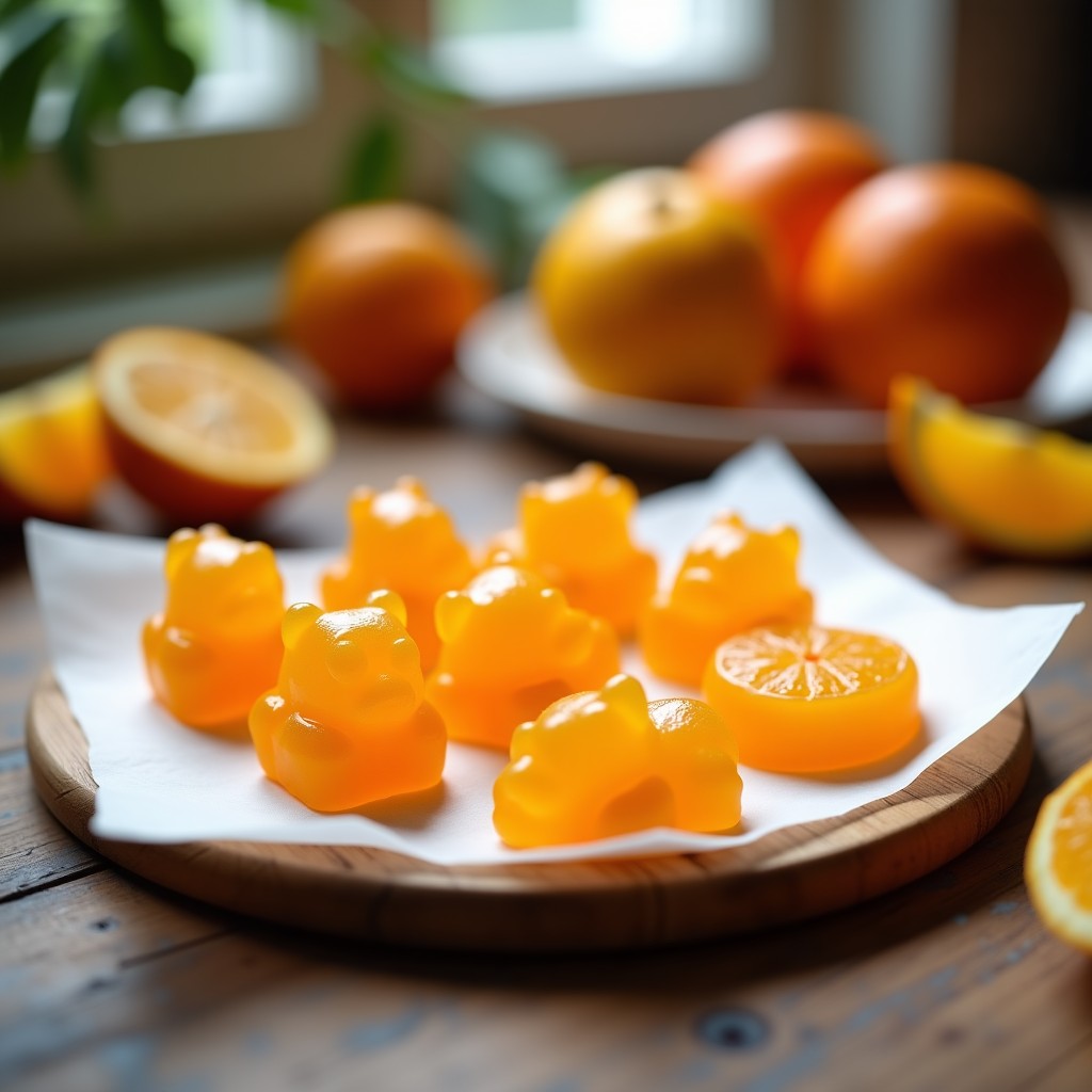 Gominolas cítricas caseras sin azúcar en forma de ositos, con colores translúcidos naranja y amarillo, dispuestas sobre papel de horno.