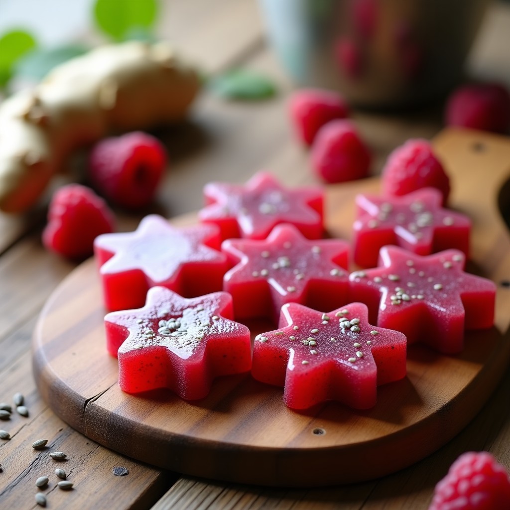 Gominolas transparentes de color rosa intenso con semillas de chía en suspensión, trozos de frambuesa fresca y ralladura de jengibre, servidas en moldes de silicona para niños sobre una mesa de madera.