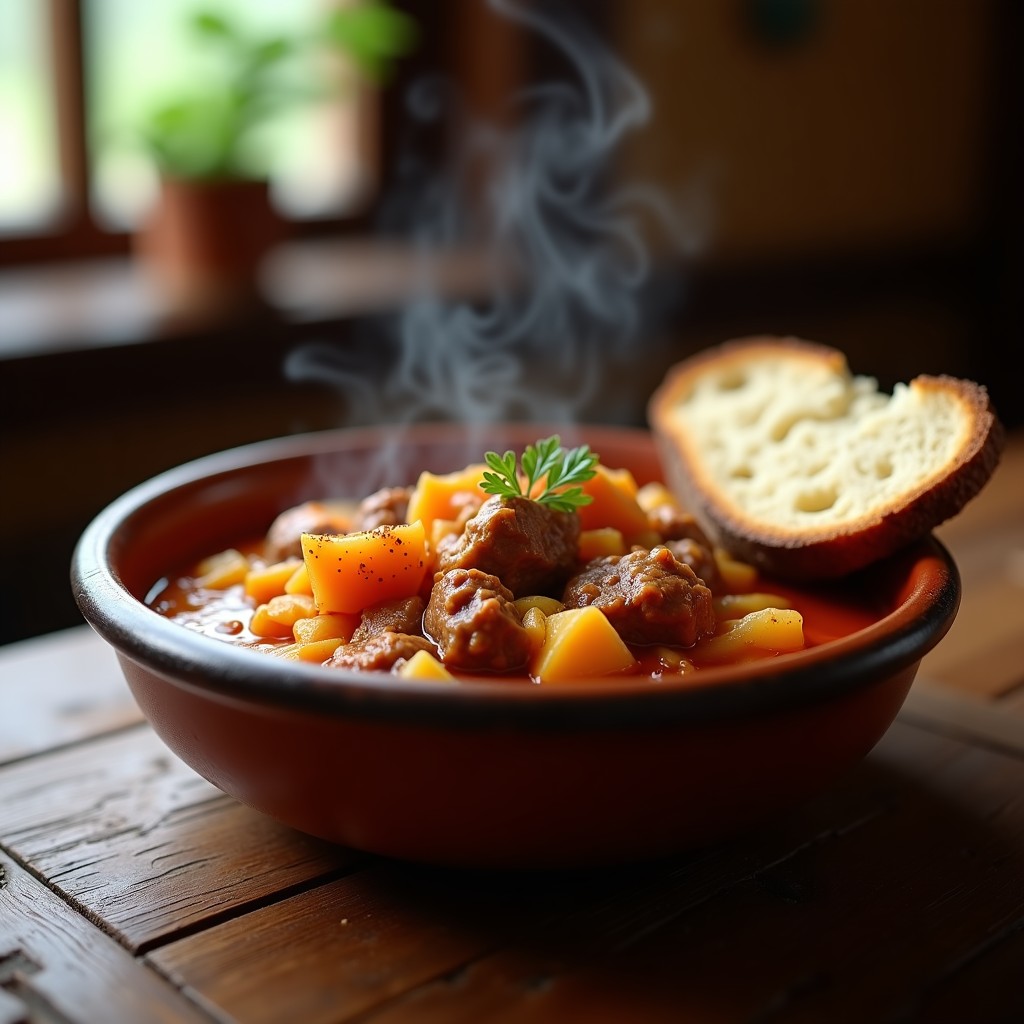 Plato hondo de barro con goulash de cordero y col fermentada, trozos tiernos de carne en salsa espesa y dorada, col fermentada integrada, espolvoreado con pimentón dulce y acompañado de pan de centeno tostado.