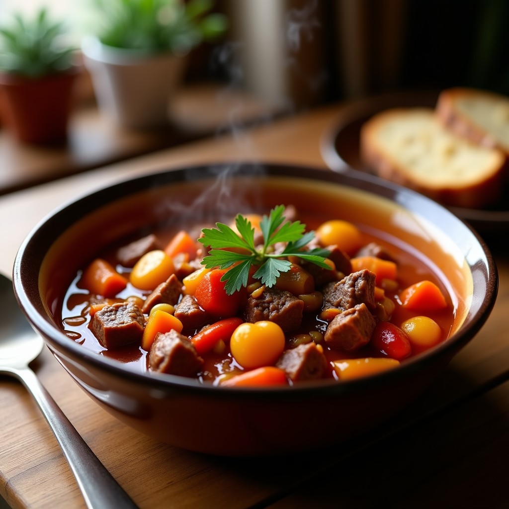 Plato hondo de barro con goulash húngaro humeante, trozos de carne ternera jugosa, patatas, zanahorias y pimientos en salsa espesa de color rojo oscuro, decorado con perejil fresco y acompañado de rebanada de pan de centeno.