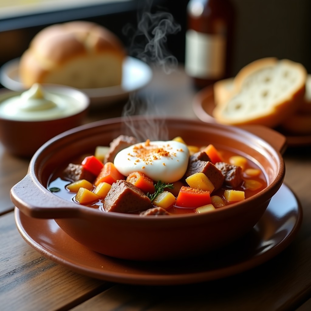 Plato hondo de barro con goulash húngaro espeso, trozos de ternera tierna, patatas, zanahoria y pimiento rojo, coronado con crema agria y pimentón espolvoreado.