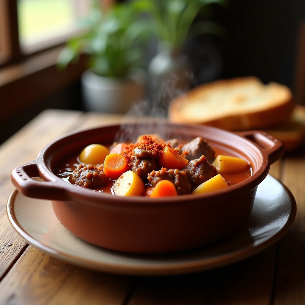 Olla de barro humeante con goulash húngaro tradicional, trozos de ternera tierna, patatas y zanahorias en salsa espesa de color rojizo, espolvoreado con pimentón dulce y acompañado de pan rústico.