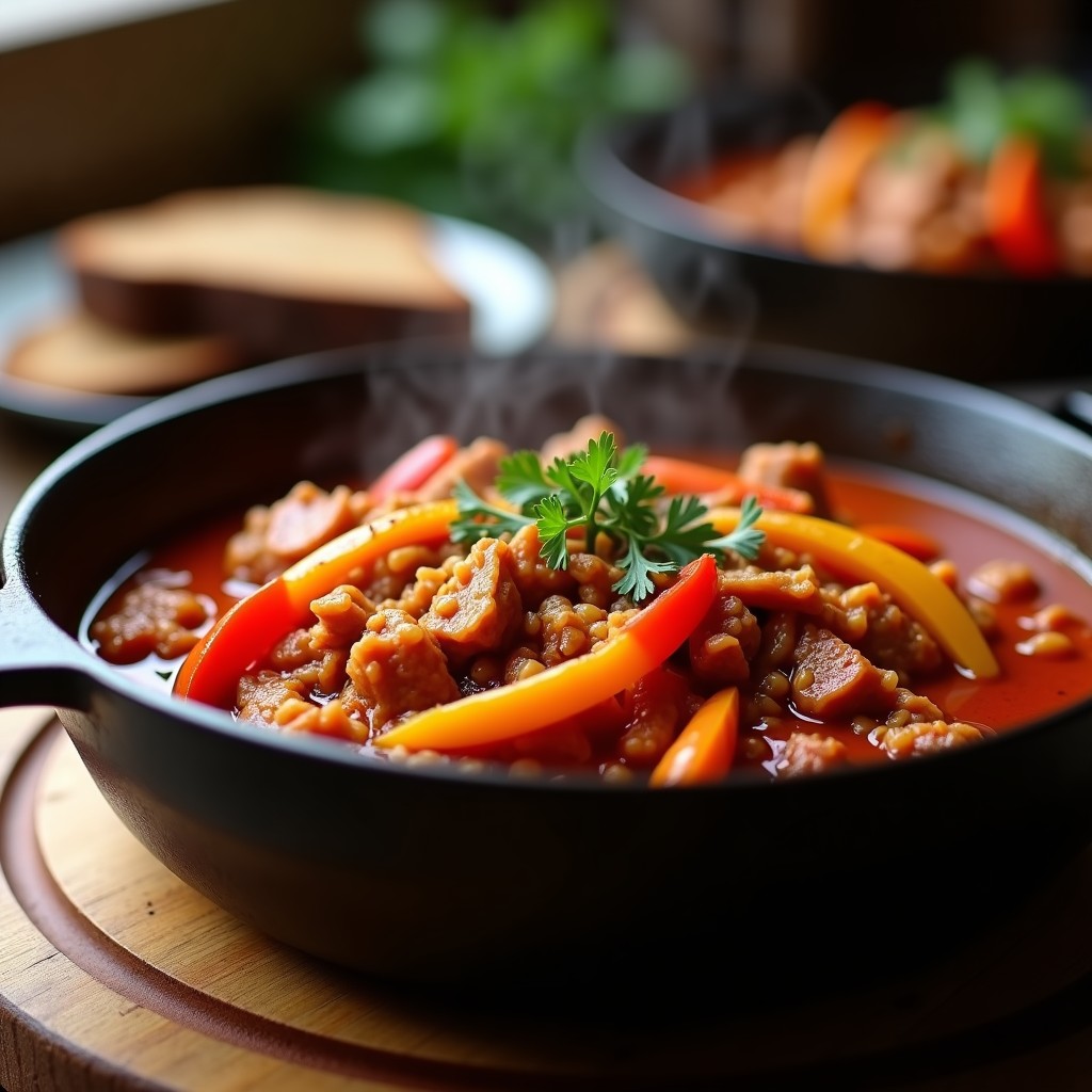 Plato hondo de barro con goulash vegano de jackfruit desmenuzada y pimientos rojos y amarillos en salsa espesa y especiada, decorado con perejil fresco. Receta de goulash de jackfruit y pimientos en olla exprés con sabor húngaro auténtico.