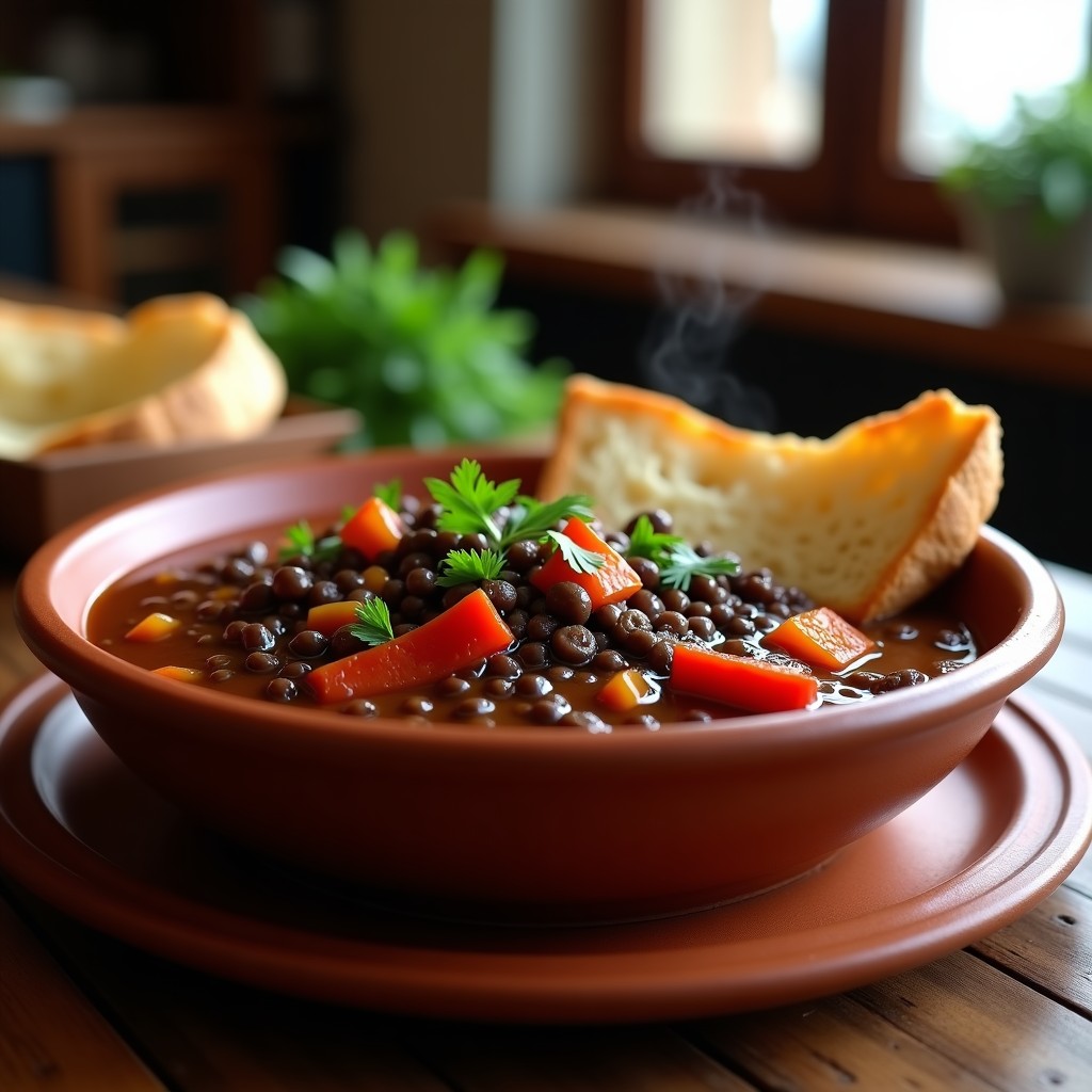 Plato hondo de barro con goulash de lentejas negras y pimentón ahumado, espolvoreado con perejil fresco. Fondo rústico con pan de centeno y cuchara de madera. Receta húngara vegana en Airfryer.