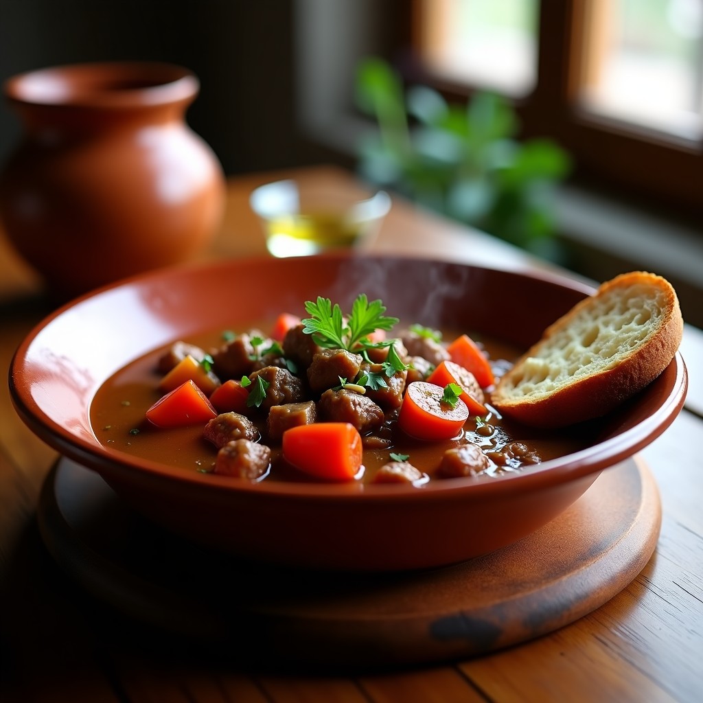 Plato hondo de barro con goulash de Madrid sin tomate, carne ternera estofada en salsa espesa oscura, chorizo ibérico en rodajas, cebolla morada y pimiento rojo. Acompañado de pan rústico y perejil fresco. Receta en airfryer.