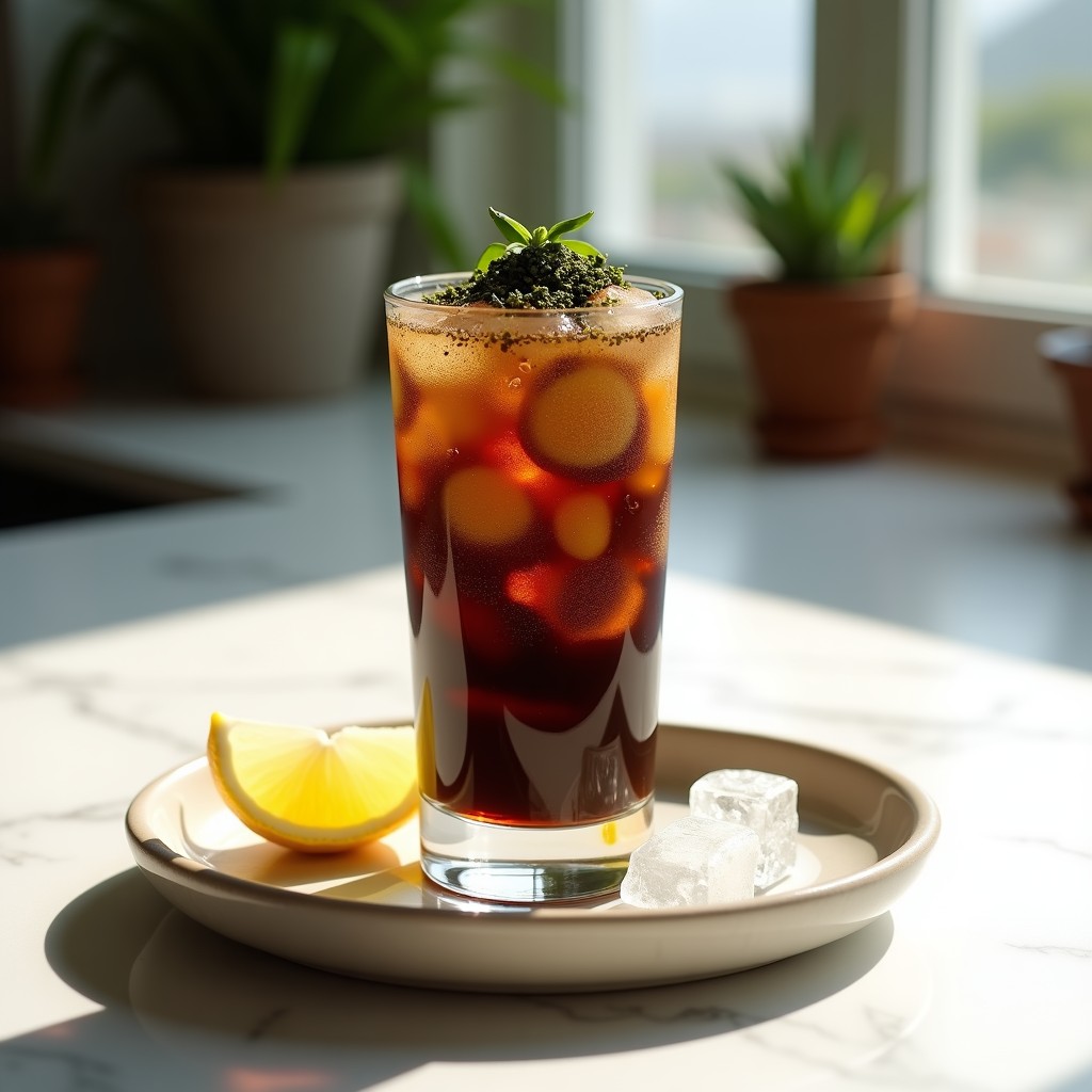 Vaso alto transparente con granizado de café y algas, textura cristalina y color oscuro, decorado con copos de alga nori y burbujas de agua con gas, fondo blanco con detalles de hielo picado y limón.