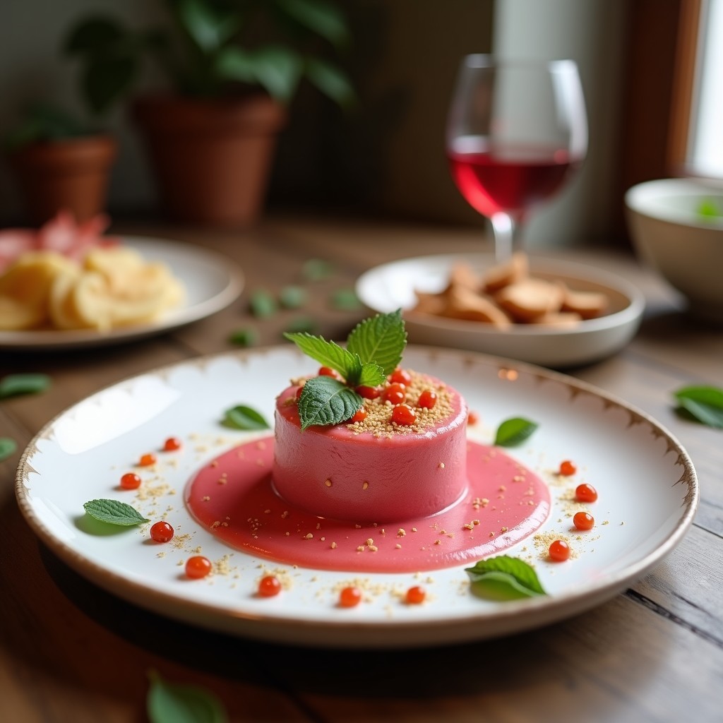 Copa alta transparente con granizado de sandía y pimienta rosa, textura cristalina y color rojo vibrante, decorado con hojas de menta fresca y granos de pimienta rosa. Fondo borroso con trozos de sandía y hielo.