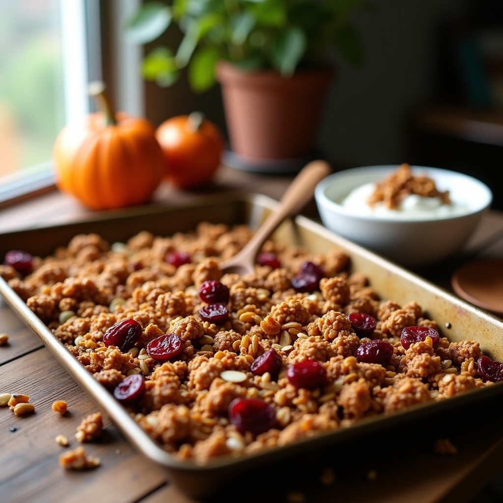 Bandeja de horno con granola de pipas de calabaza y arándanos sin azúcar recién horneada, dorada y crujiente, con trozos de coco rallado y arándanos deshidratados visibles. Plato de desayuno con yogur griego y granola espolvoreada al lado.