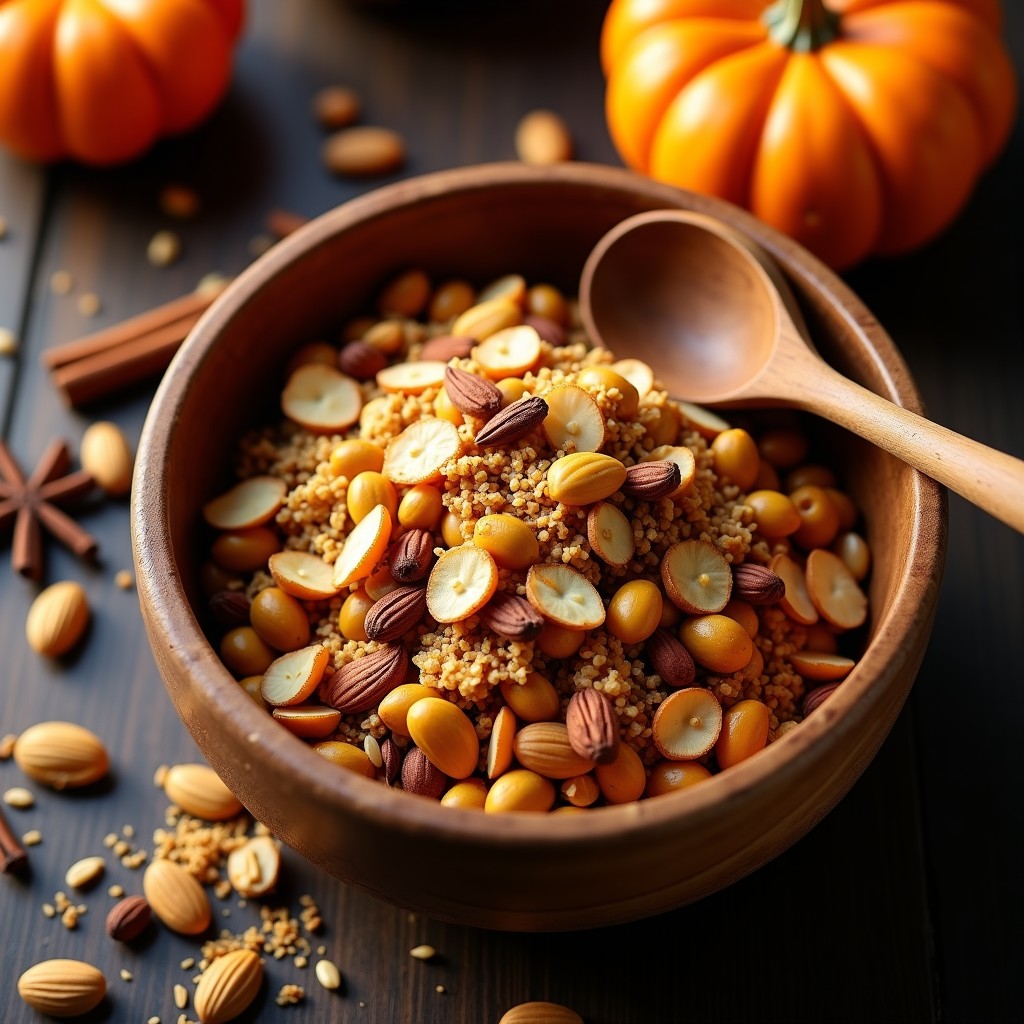 Granola dorada de semillas de calabaza y especias chai en un bol de barista, con trozos crujientes de coco, almendras y anacardos. Acompañada de una cuchara de madera y especias chai esparcidas alrededor sobre un fondo rústico de madera.