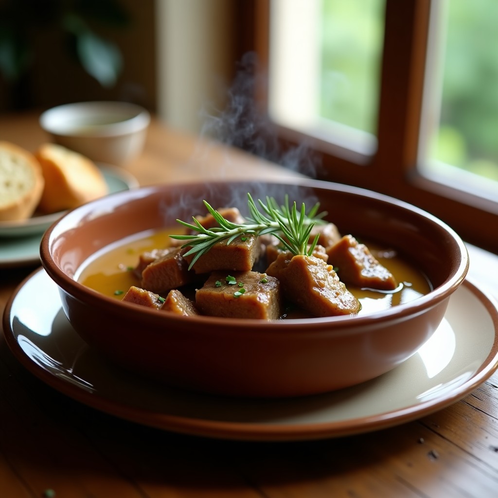 Plato hondo de barro con grasas de cordero estofadas en salsa melosa y dorada, espolvoreadas con hierbas provenzales frescas, acompañadas de pan rústico. Receta de grasas de cordero con hierbas provenzales en olla lenta.