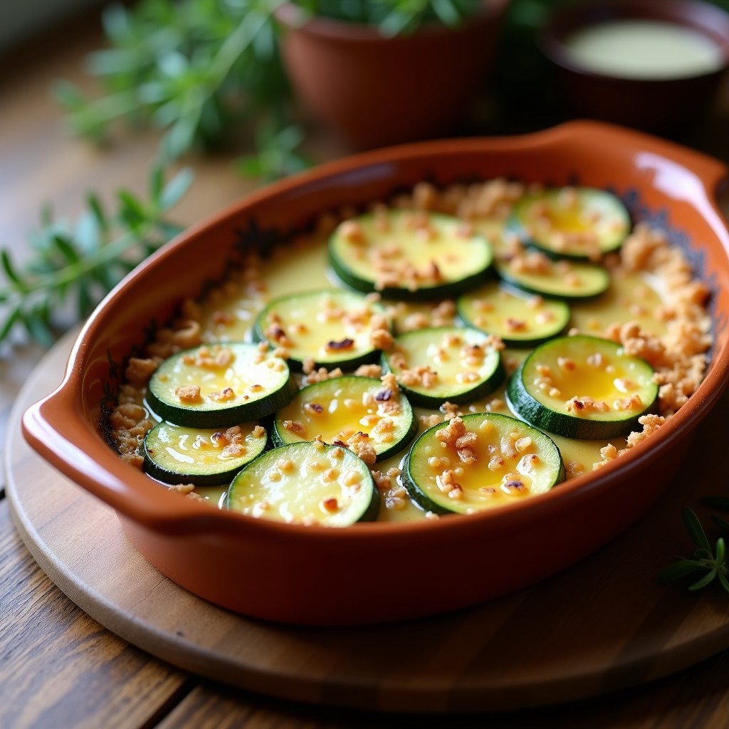 Gratin de calabacín y queso de castañas con migas de almendras doradas en fuente de barro, receta vegana francesa con capas visibles y textura cremosa.