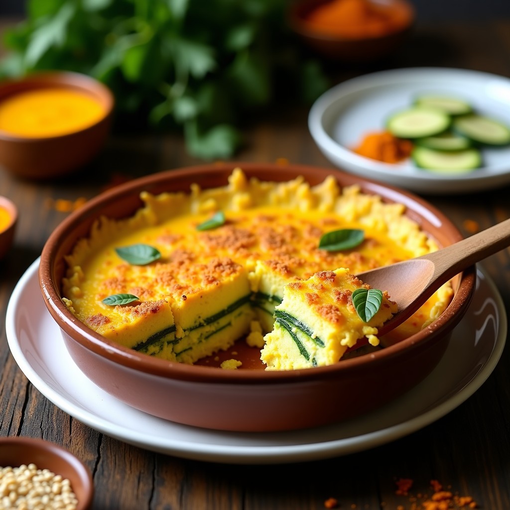 Gratin de calabacín y queso de cúrcuma vegano en fuente de barro, dorado al horno con capa crujiente de pan rallado y semillas de sésamo, servido en porción con cuchara de madera.