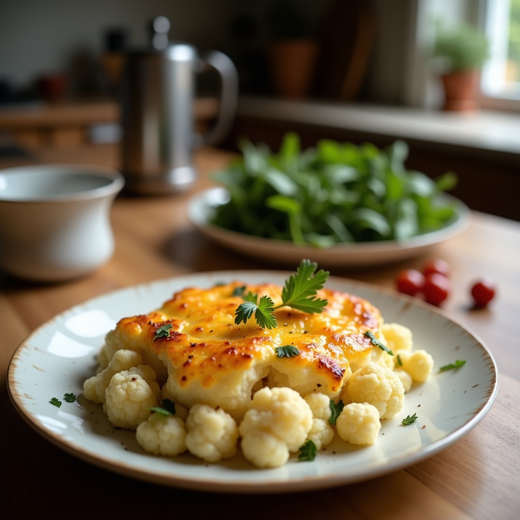 Fuente de horno rectangular con gratin de coliflor vegano, cubierto de queso de anacardos cremoso y dorado, pan rallado crujiente y un toque de pimentón ahumado. Plato servido con hierbas frescas al lado.