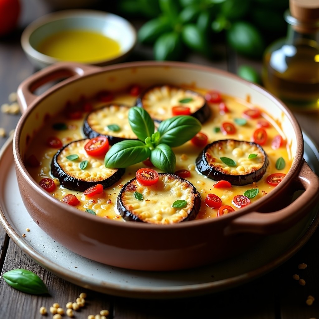 Gratinado de berenjena y queso de almendras en fuente de barro, con superficie dorada y burbujeante, decorado con hojas de albahaca fresca y un hilo de aceite de oliva. Receta italiana en Thermomix sin lácteos.