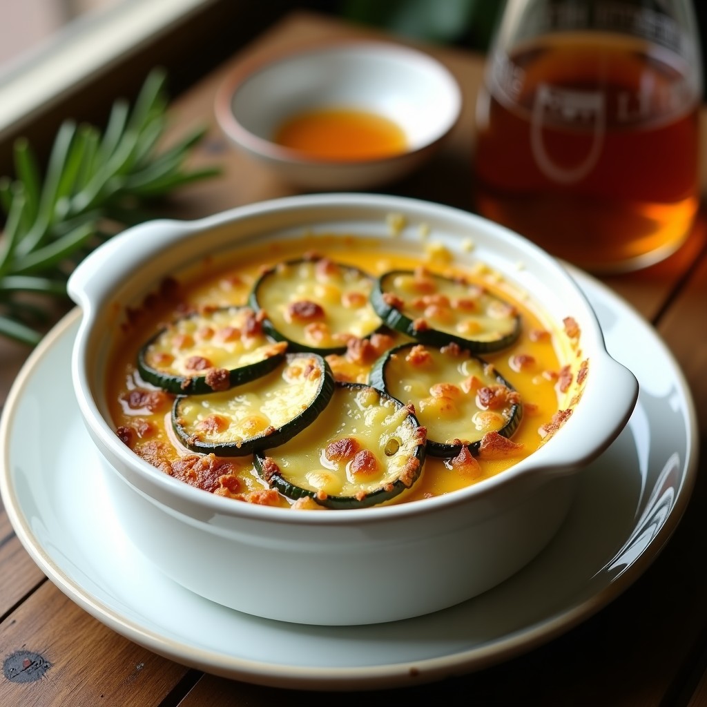 Gratinado de calabacín y queso de cabra con miel de trufa en airfryer: rodajas de calabacín doradas con queso de cabra gratinado, cubierto de migas crujientes y un hilo de miel de trufa negra, servido en molde individual de cerámica blanca sobre fondo de madera rústica.