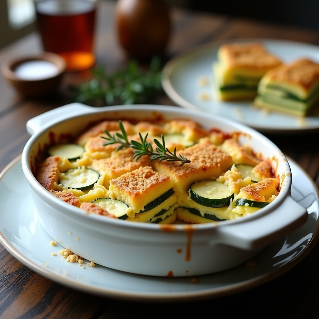 Gratinado de calabacín y queso de cabra con pan rallado de almendras dorado, servido en un plato hondo de cerámica blanca, con rodajas de calabacín asomando entre capas cremosas y un toque crujiente en la superficie. Receta en olla express sin lactosa.