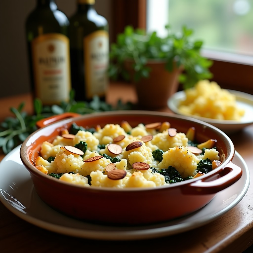 Gratinado dorado de coliflor y espinacas con queso de oveja fundido y almendras tostadas en molde rústico, servido en Airfryer con fondo de cocina mediterránea.