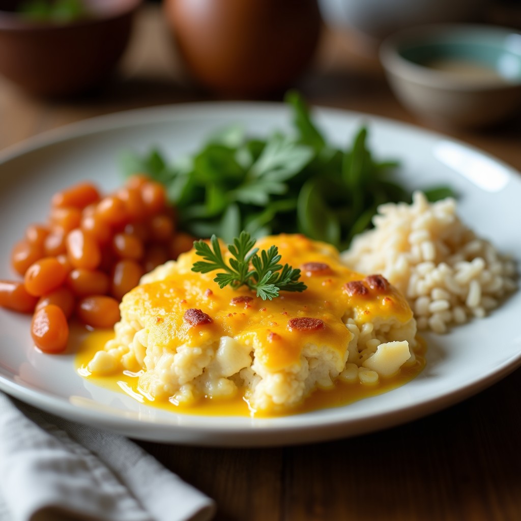Gratinado de coliflor vegano con queso cremoso de anacardos, topping dorado de pan rallado y almendras, servido en fuente de barro. Receta en Airfryer sin lácteos, alta en proteínas y baja en carbohidratos.