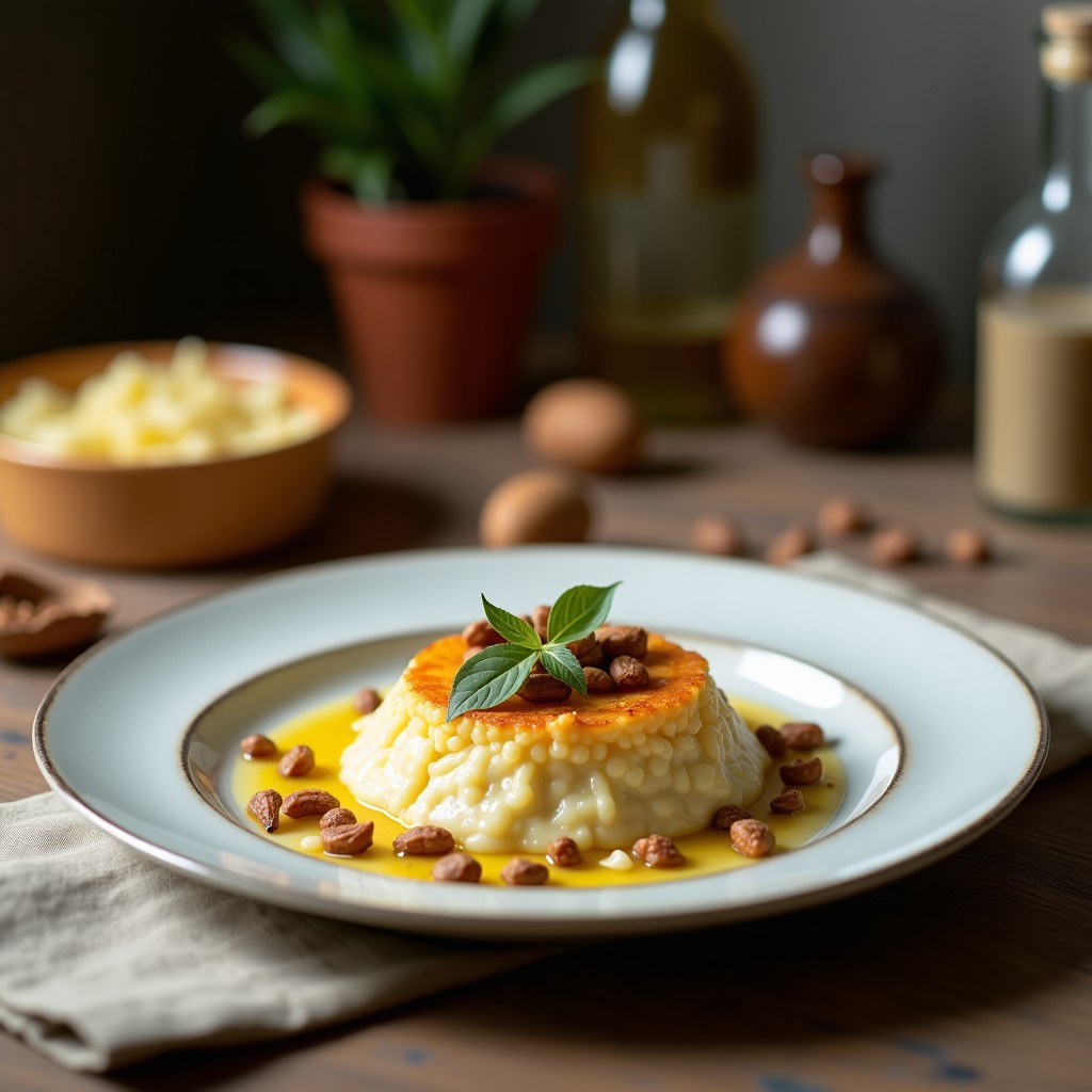 Gratinado de coliflor dorado con queso azul desmenuzado y nueces pecanas tostadas, servido en plato blanco rústico. Receta francesa en airfryer sin harina.