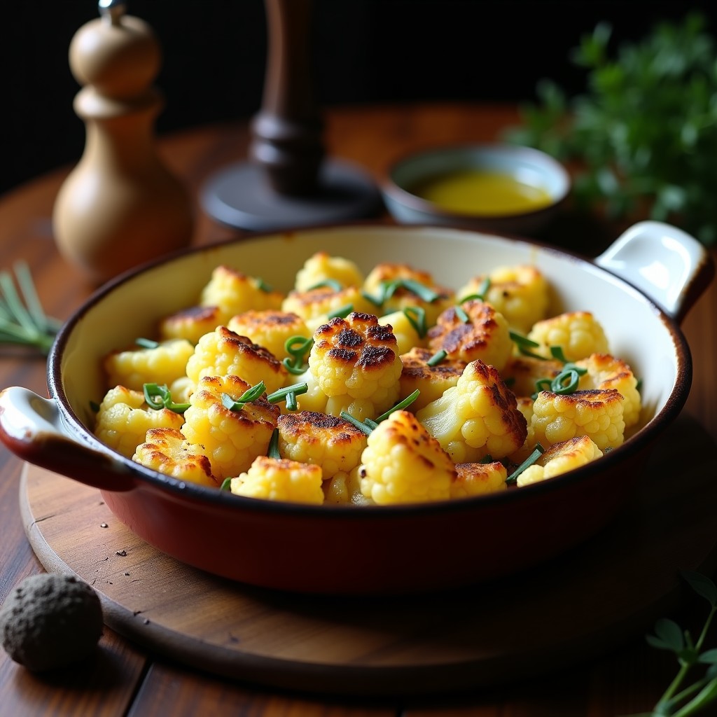 Gratinato de coliflor dorado con queso de castañas fundido y almendras fileteadas, rociado con aceite de trufa negra, servido en molde de barro sobre fondo rústico. Receta keto en airfryer.