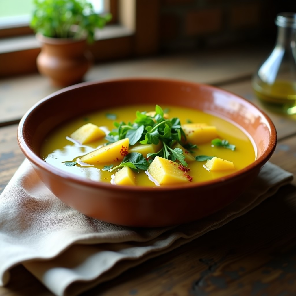 Cuenco de barro humeante con guiso de berros y patata con toques de azafrán, caldo dorado y hojas de berro frescas como decoración, servido sobre una mesa de madera rústica.