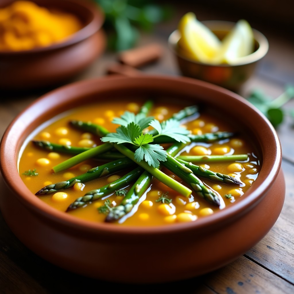 Guiso ayurvédico de frijoles mung germinados y espárragos trigueros con jengibre en olla express, decorado con cilantro fresco y puntas de espárrago. Plato colorido y saludable con tonos verdes y amarillos.