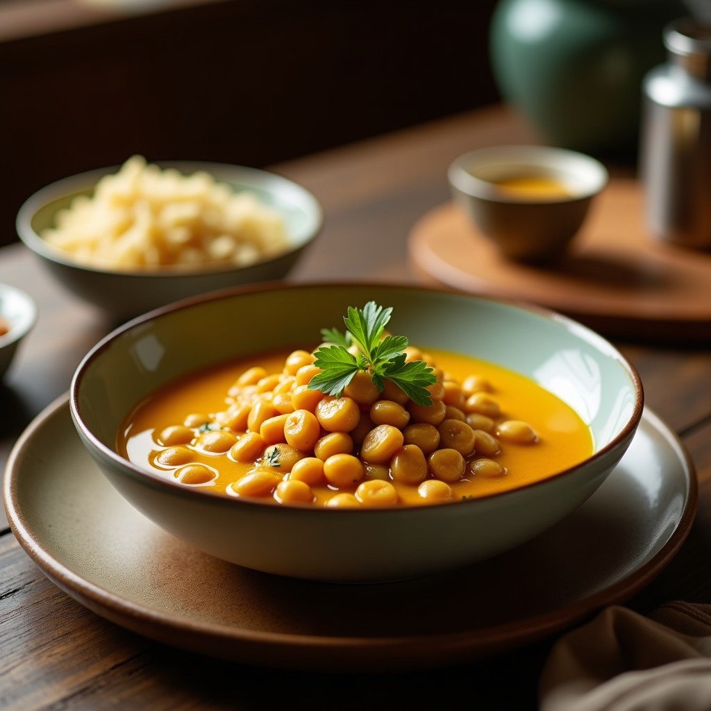 Guiso espeso de frijoles mung dorados con trozos de jengibre, cúrcuma y espinacas, servido en un bol de barro rústico sobre una mesa de madera oscura. Receta india vegana en olla lenta con cilantro fresco.