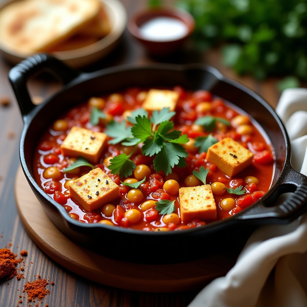 Sartén de hierro negro con guiso de shakshuka vegana tunecina, salsa de tomate espesa con trozos de pimiento rojo y amarillo, cubos de tofu sedoso dorado y perejil fresco espolvoreado, servida sobre una mesa de madera rústica.